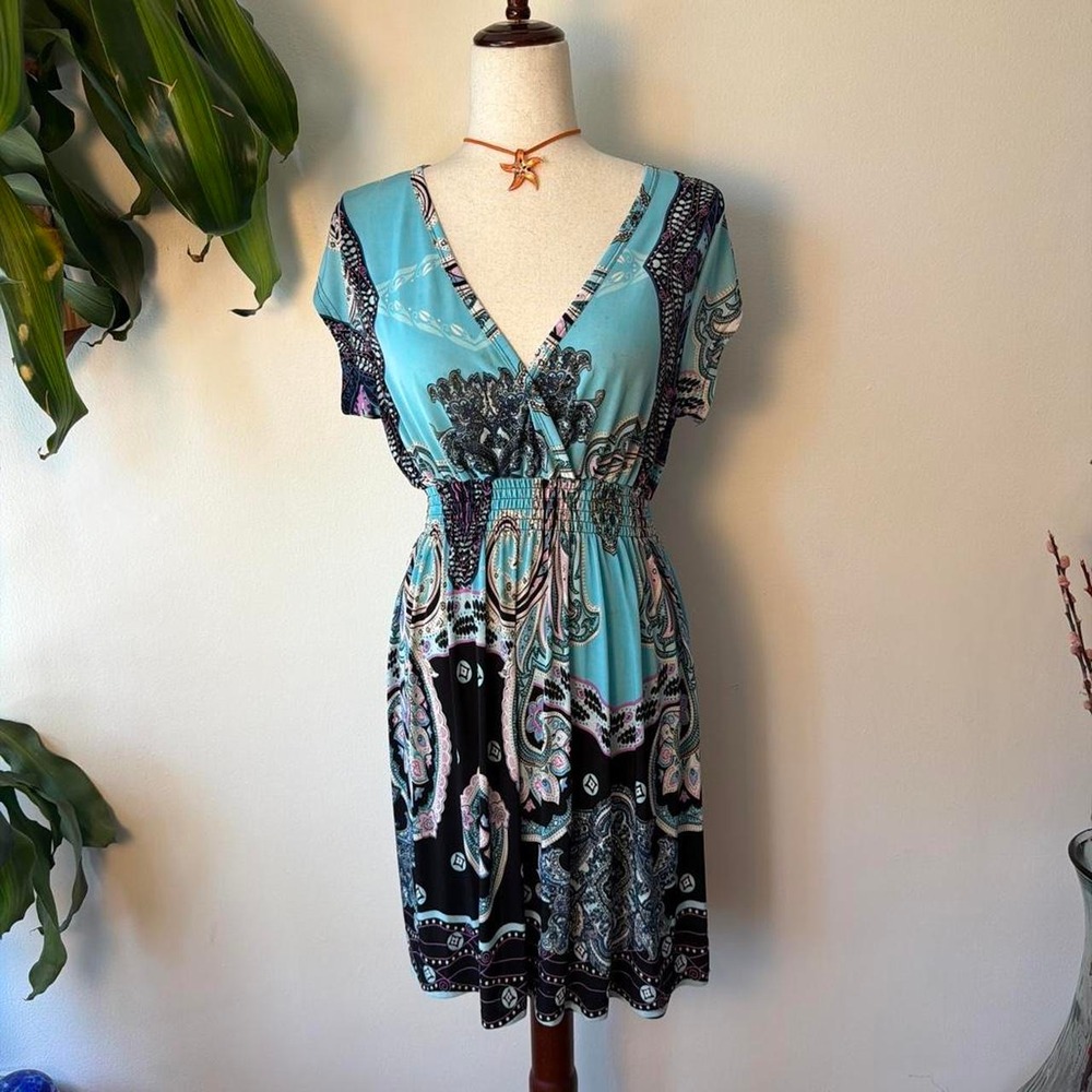 5th & Love Teal Paisley Babydoll Wrap Dress XL Mcbling Boho Indie Sleaze